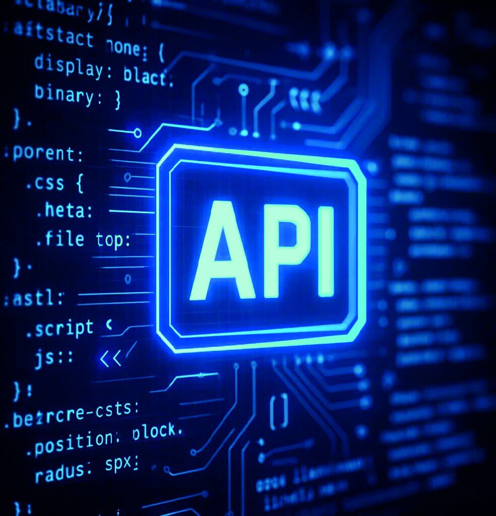 Placa de circuito con la palabra API iluminada.