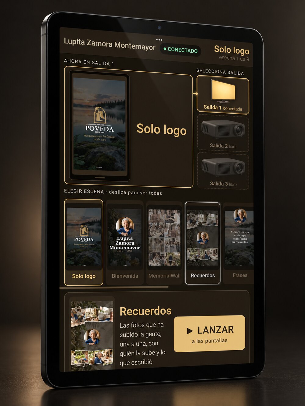 El panel de control en una tableta: la salida conectada, las escenas disponibles y el botón de lanzar a las pantallas.