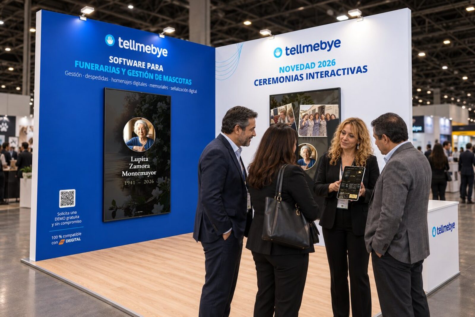 Estand de Tellmebye con el cartel Novedad 2026 Ceremonias Interactivas, enseñando el panel de control en una tableta a tres visitantes.