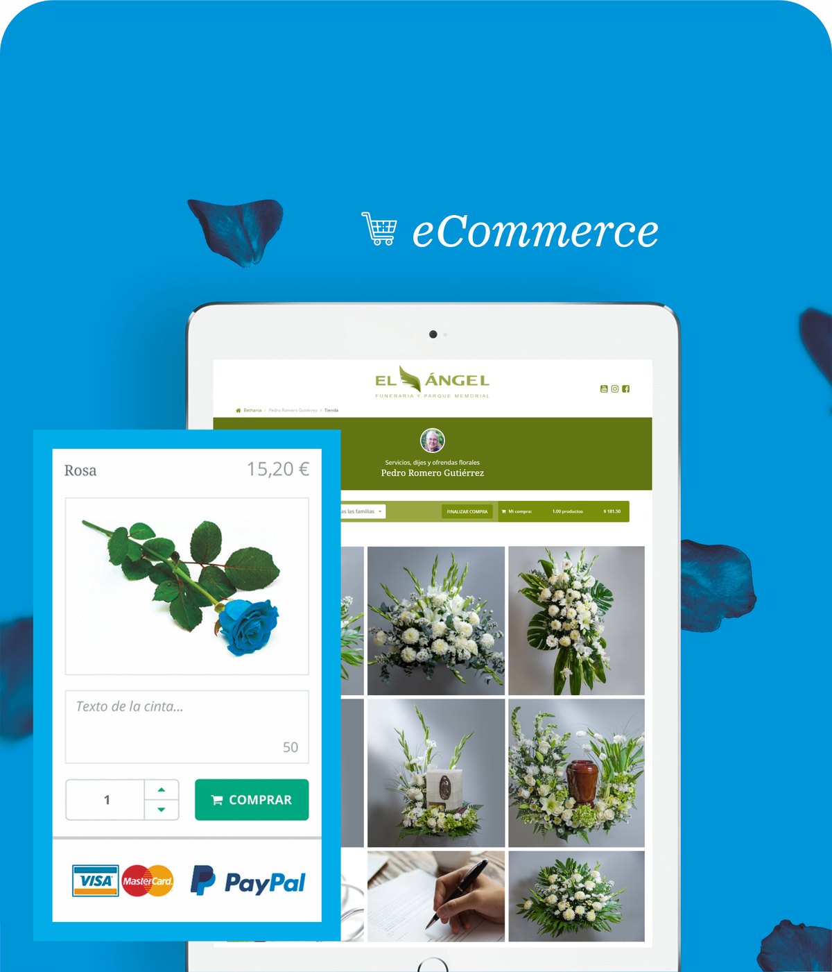 Tienda de flores del obituario en una tableta, con la ficha de producto y los logotipos de Visa, MasterCard y PayPal.