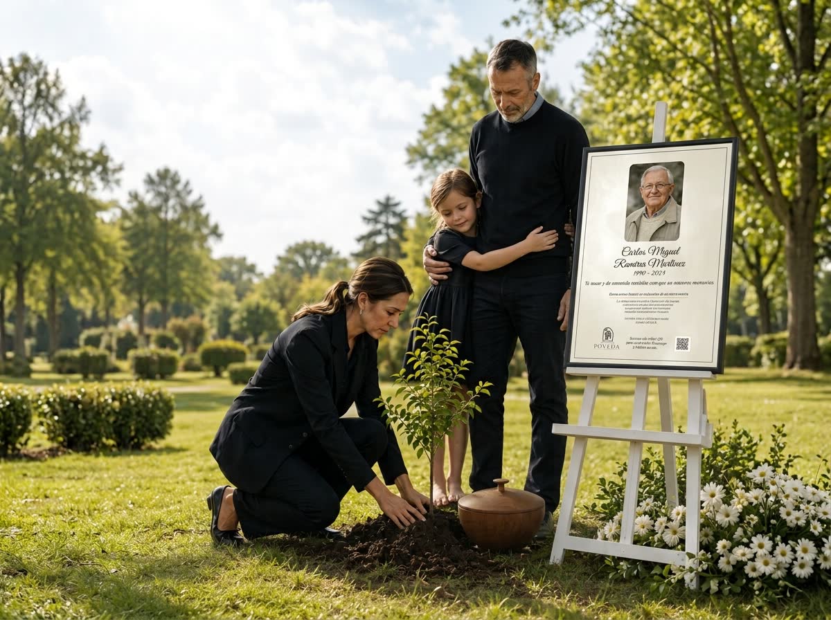 Panel ePaper Philips sobre un caballete, con un homenaje, junto a un árbol en un parque memorial.
