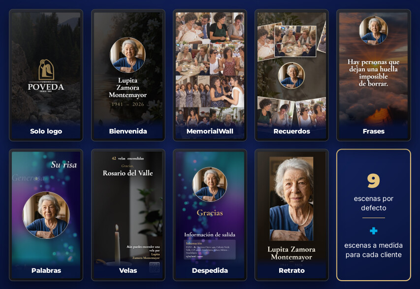 Las nueve escenas de serie: solo logo, bienvenida, MemorialWall, recuerdos, frases, palabras, velas, despedida y retrato, más el aviso de que se crean escenas a medida para cada cliente.