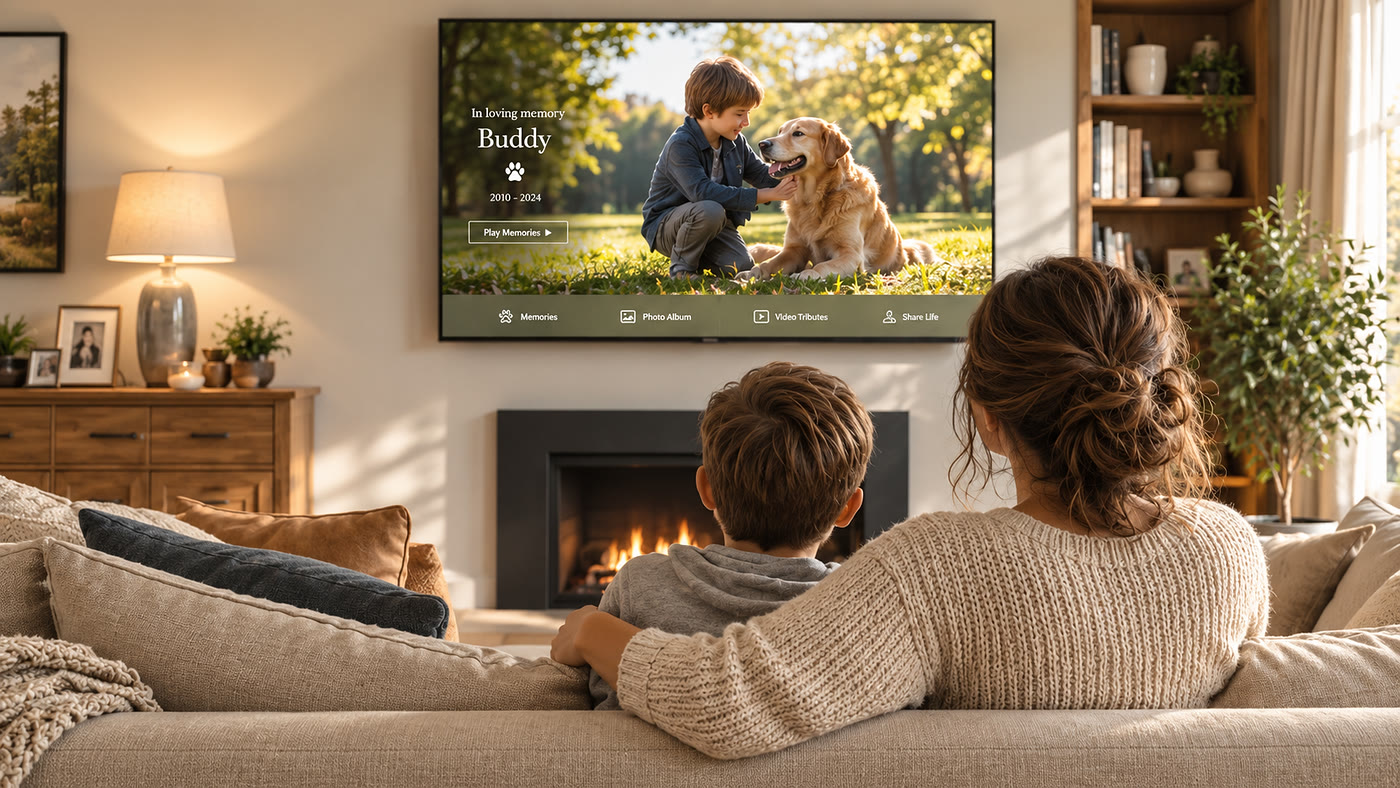 Una madre y su hijo, en el sofá de casa, viendo en el televisor el homenaje a su perro: su nombre, los años que vivió y el botón para empezar los recuerdos.