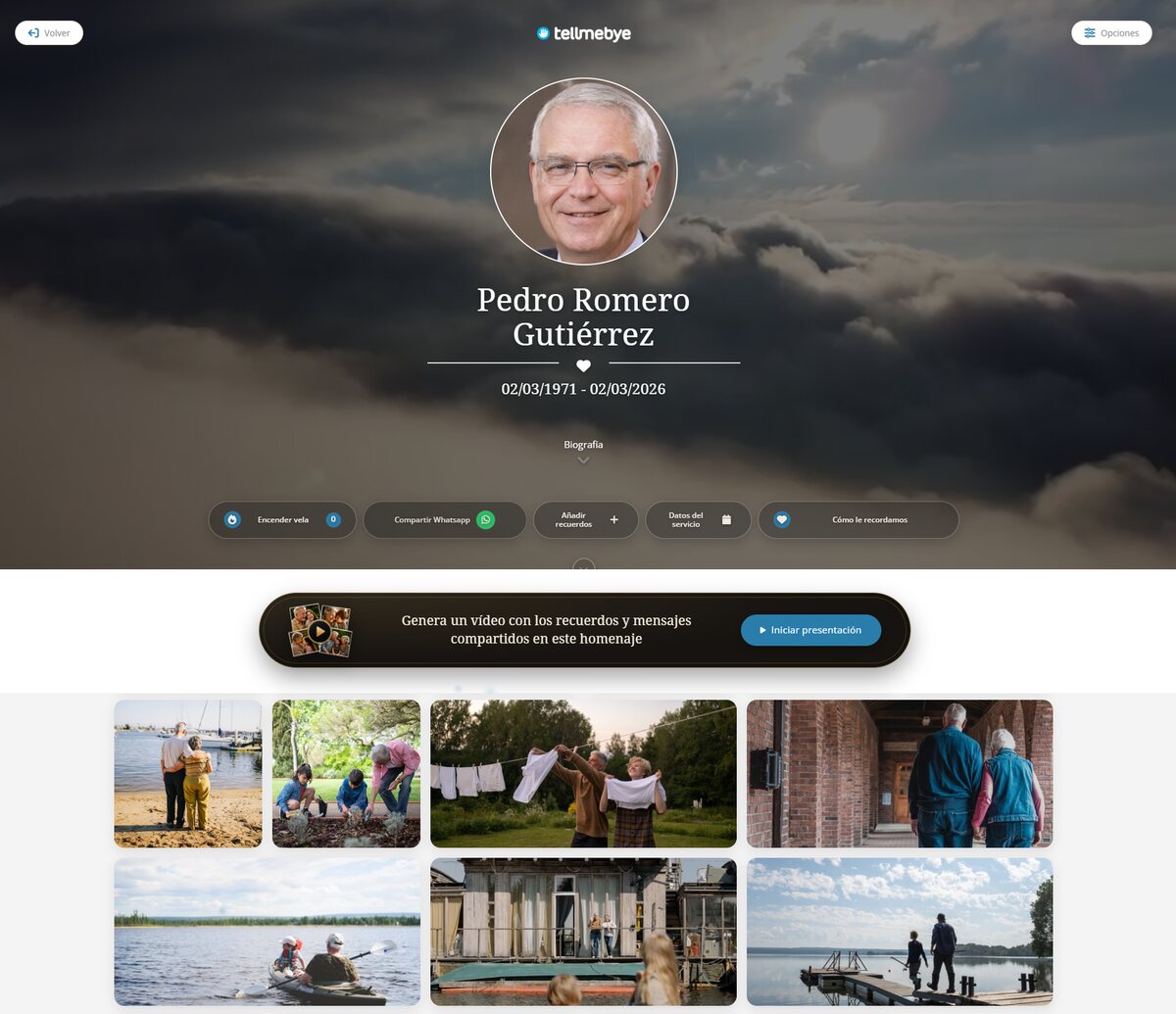 Muro de recuerdos: la portada con la fotografía y las fechas, la barra para generar el vídeo del homenaje y la cuadrícula de recuerdos que ha subido la familia.