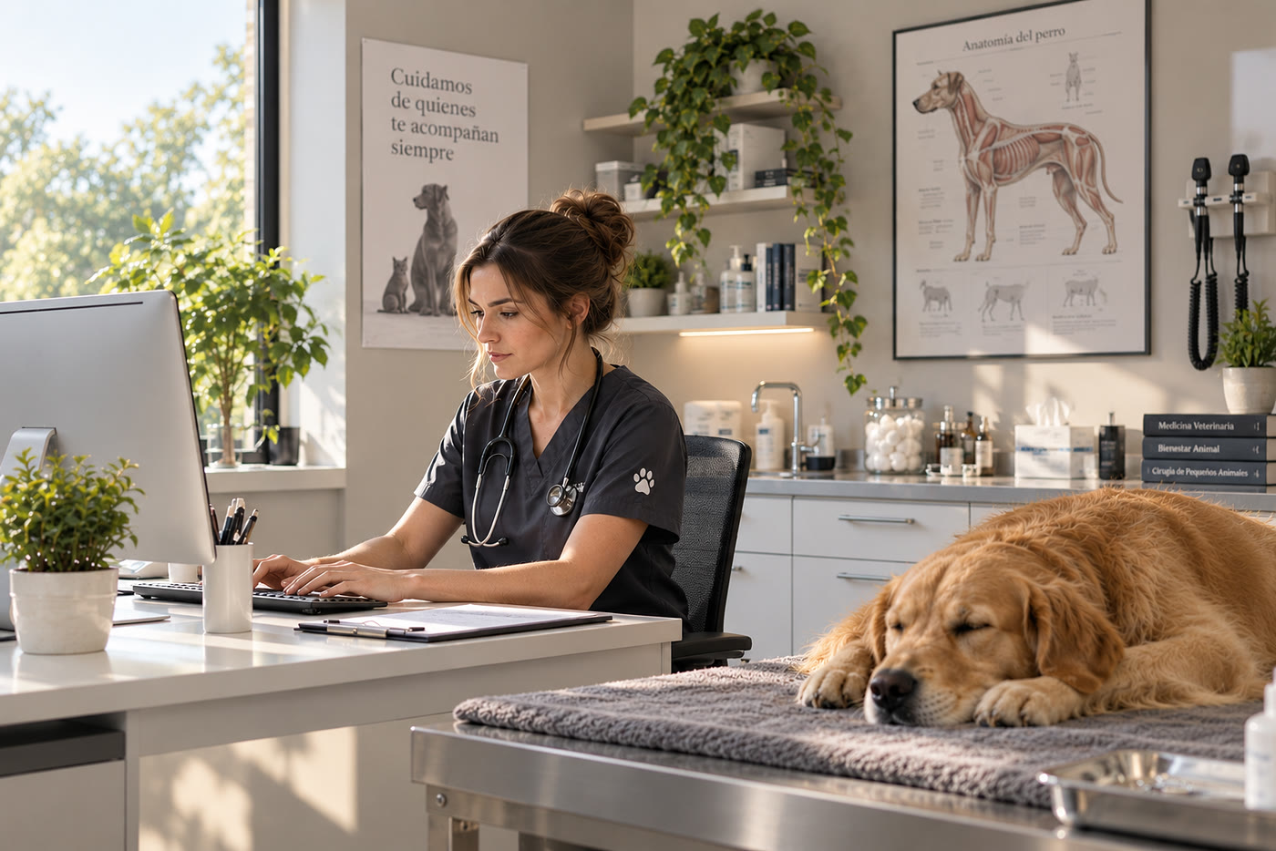 Una veterinaria trabajando en el ordenador de su consulta, con un perro descansando tranquilo en la camilla de al lado.